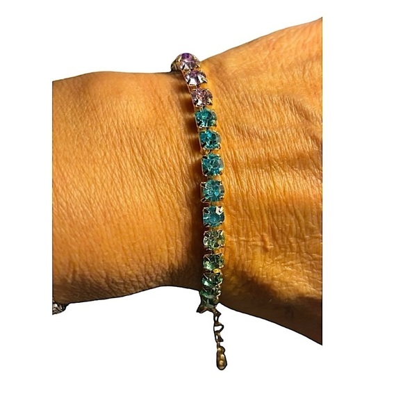 NEW Gold Tone Multi Colored Stone Tennis Bracelet 8" Blue Pink Green - Picture 2 of 9